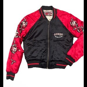 Tokyo Denim Bank Y2K 2000s satin Varsity Jacket Embroidered flowers small